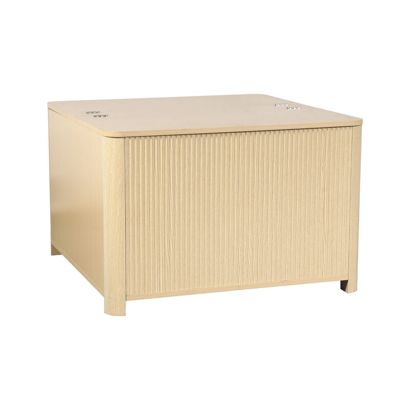 32" Modern Natural Wood Light Oak Fluted Square Coffee Table with Flip Top Hidden Storage image number 0