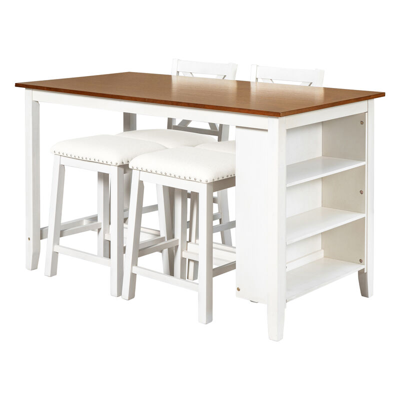 Whisen Farmhouse 5-Pieces Counter Height Dining Set with 2 Stools and 2 Chairs - White