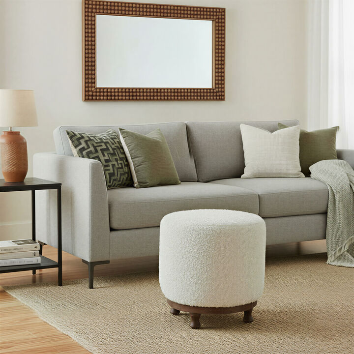 Boucle Upholstered Cotton Woven Stool with Dark Wood Tapered Legs, Ivory