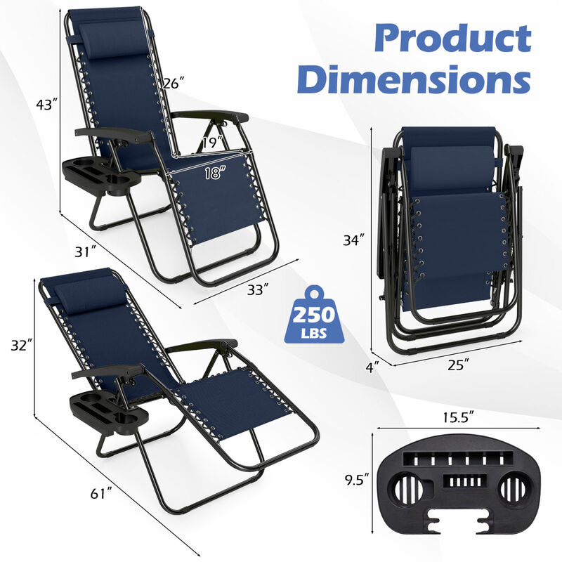 Set of 2 Folding Zero Gravity Chairs with Tray and Backrest image number 2
