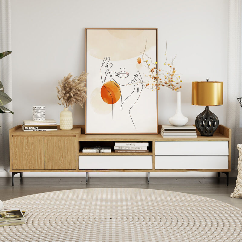 Modern TV Stand with Storage Cabinet, Mid Century Entertainment Center-Natural image number 3