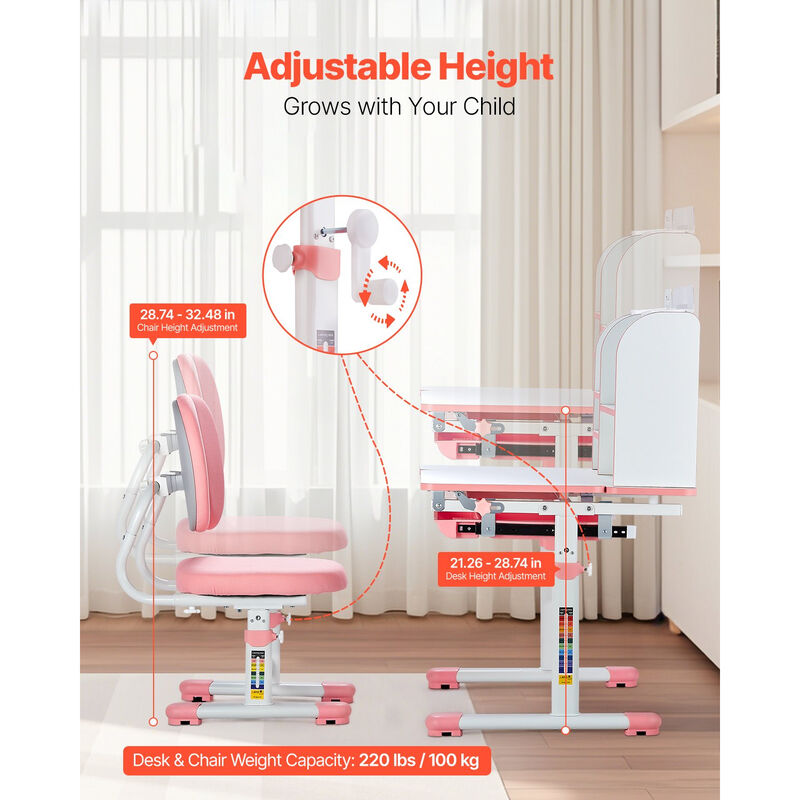 Kids Study Chair and Desk with Bookshelf Drawer Adjustable Height for Learning