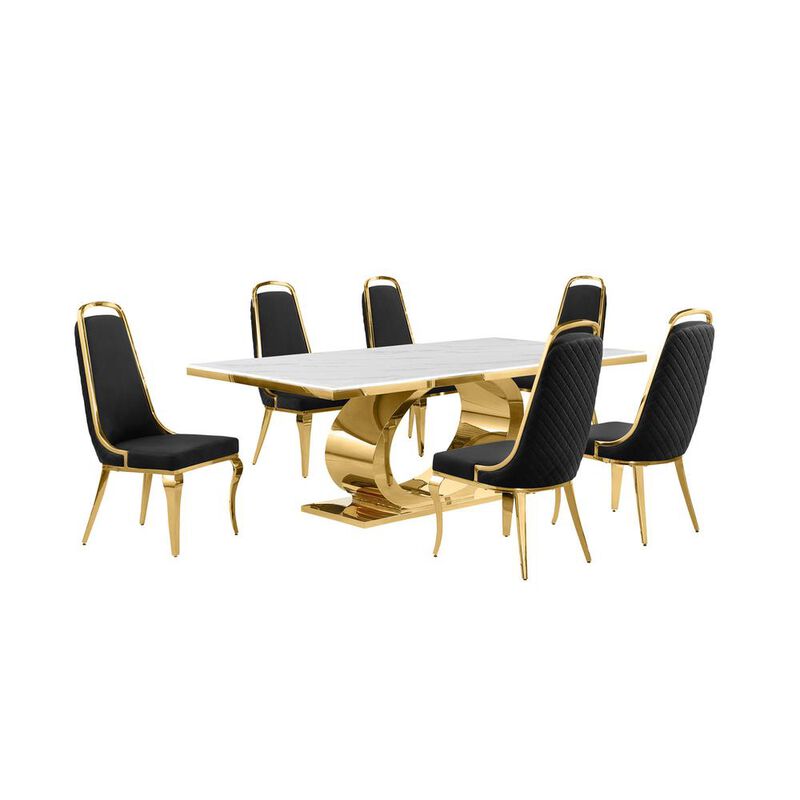 Best Quality Furniture 7pc Large (87) marble top dining set with gold base and 6 Black side chairs