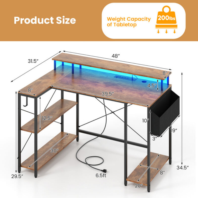 Corner L-Shaped Gaming Computer Desk with LED Lighting and Power Outlets image number 2