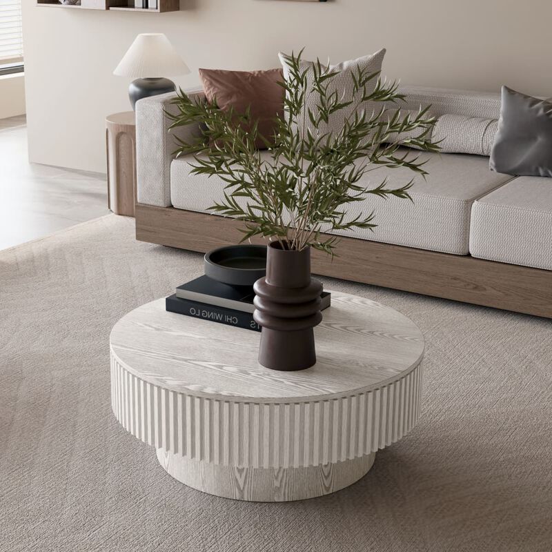 Round coffee table with storage Solid wood veneer and MDF coffee table with fluted base Modern accent coffee table for small spaces image number 5