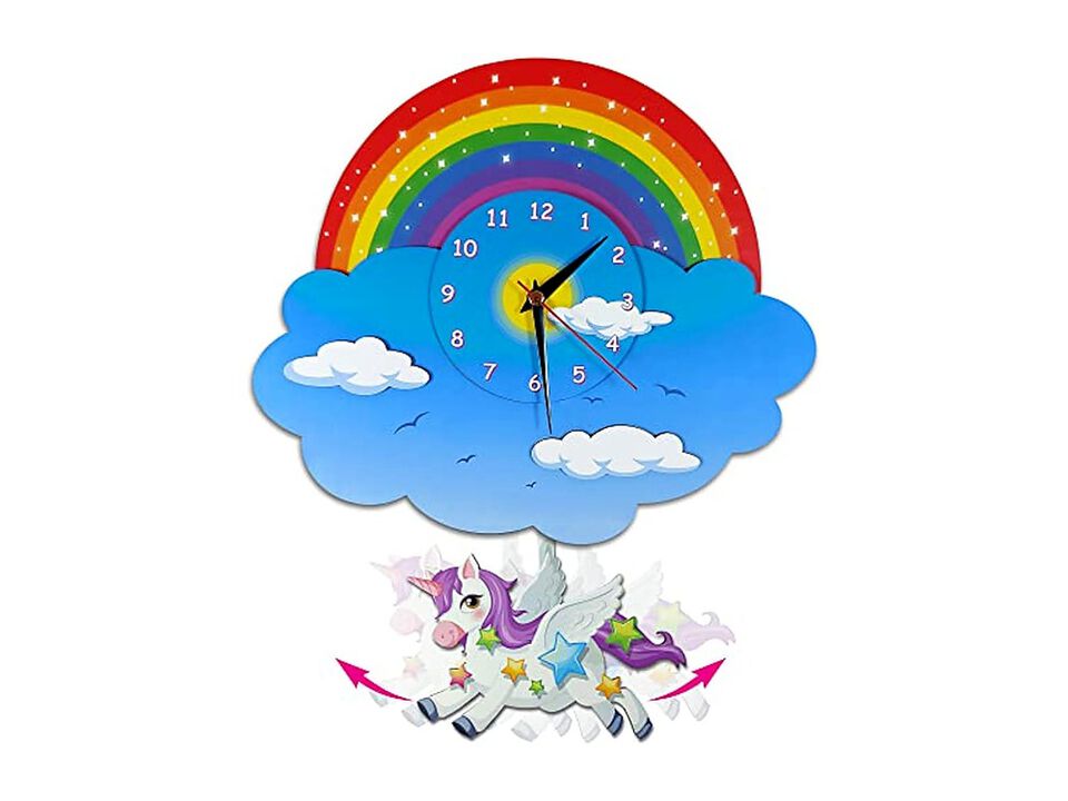 Unicorn Rainbow Pendulum Three Dimensional Wall Clock Wood Bedroom Decor