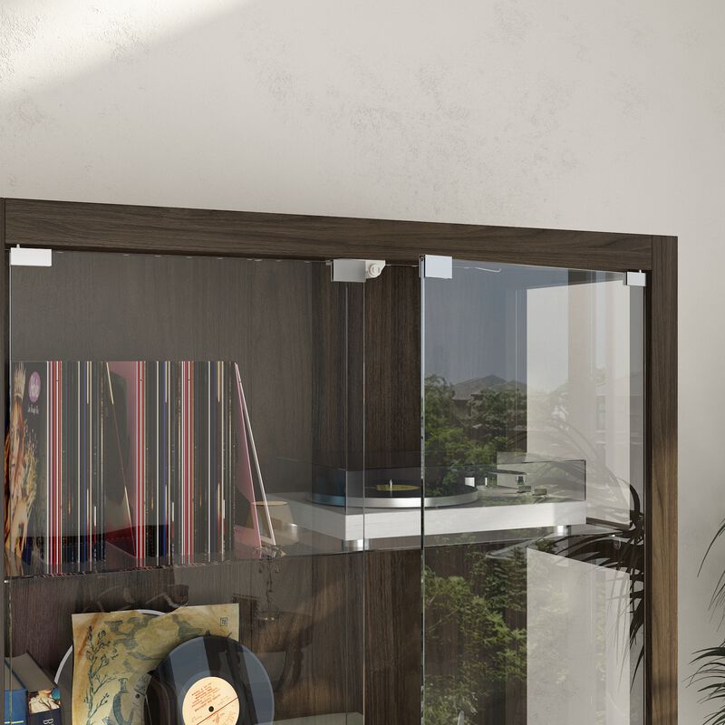 FUFU&GAGA Walnut Grain Glass Display Cabinet with Adjustable Tricolor LED Light, 4 Tempered Glass Shelves, Push-to-Open Door - 34.8" W x 15.7" D x 63" H, Walnut Brown