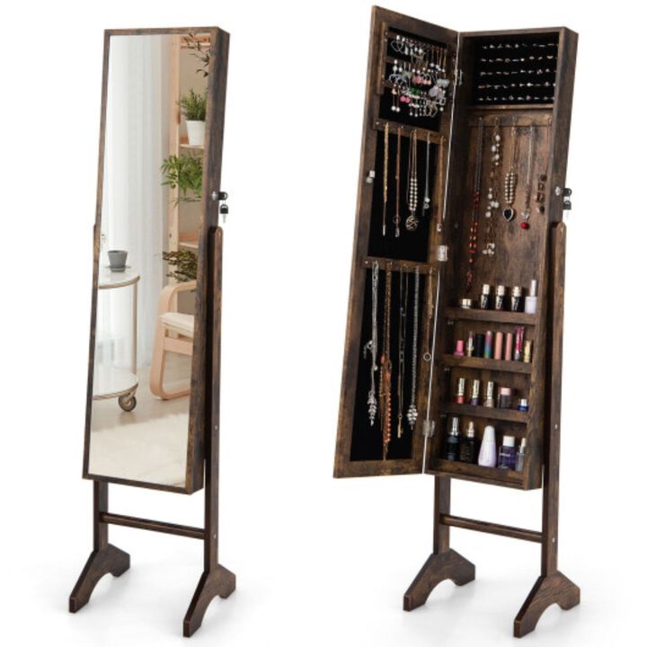 Standing Jewelry Cabinet with Full Length Mirror-Brown