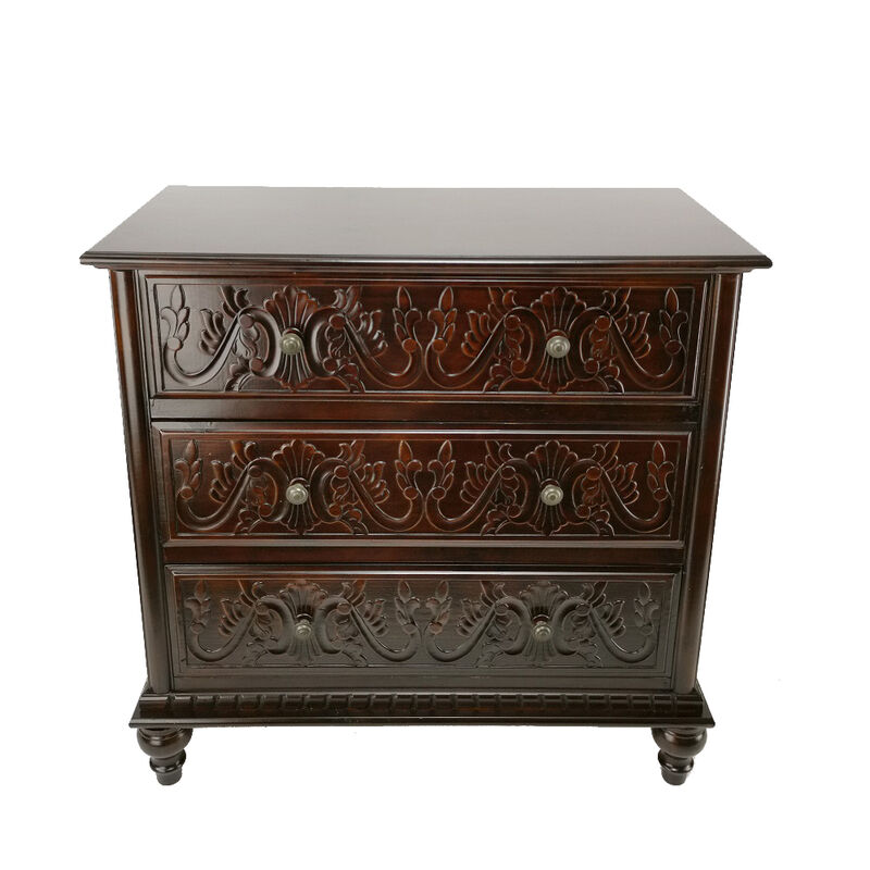 32 Inch Classic Wood Dresser Chest, 3 Drawers, Floral Carving, Brass, Brown