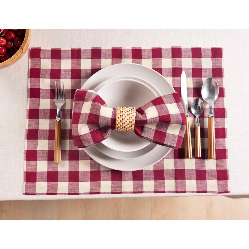 Solino Home Morgan Check 100% Linen Placemats &ndash; Set of 4, 14 x 19 in, Machine Washable, Holiday and Everyday Dining