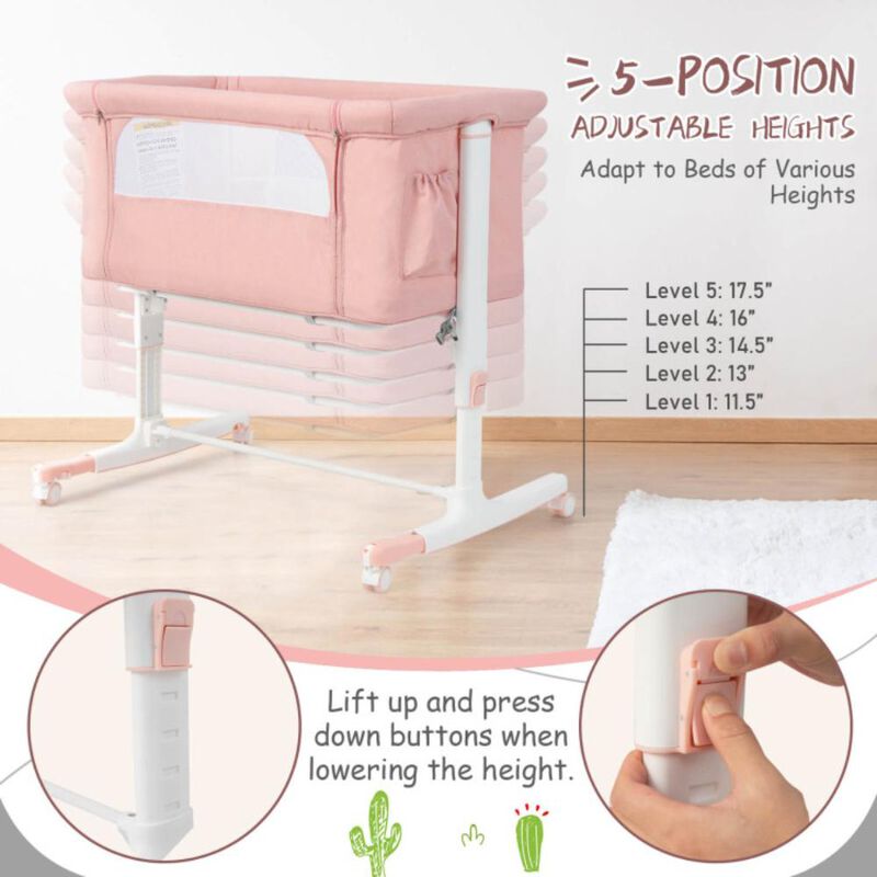 Hivvago Portable Baby Bedside Bassinet with 5-level Adjustable Heights and Travel Bag