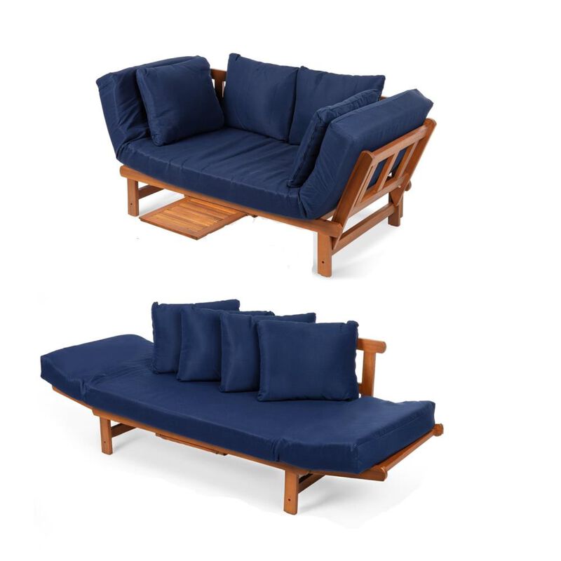 Hivvago Navy Blue Outdoor Acacia Wood Convertible Sofa Futon with 4 Removable Pillows