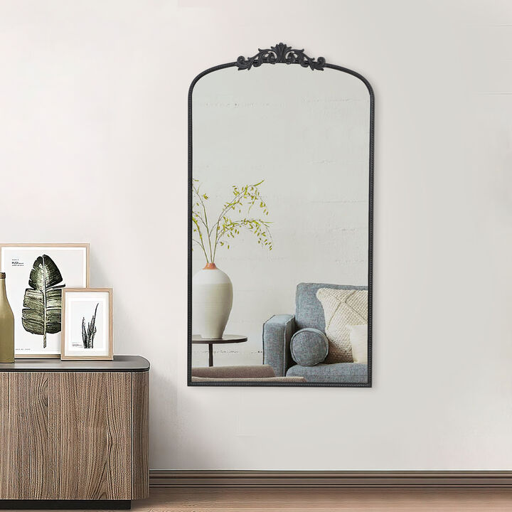 Kea 66 Inch Wall Mirror, Black Curved Metal Frame, Ornate Baroque Design