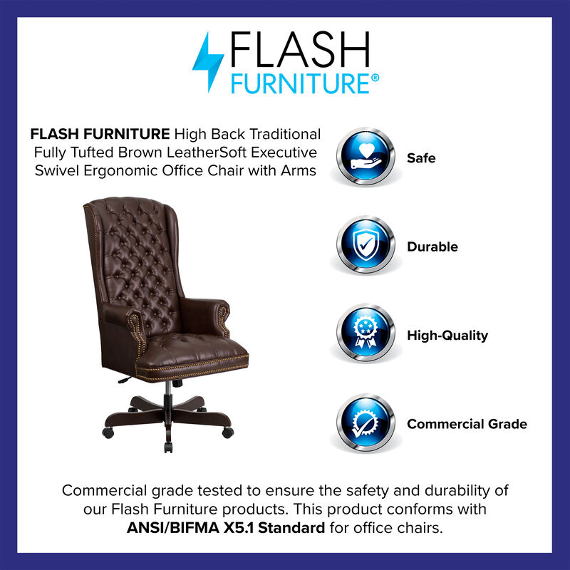 Turner High Back Traditional Fully Tufted LeatherSoft Executive Swivel Ergonomic Office Chair with Arms image number 7