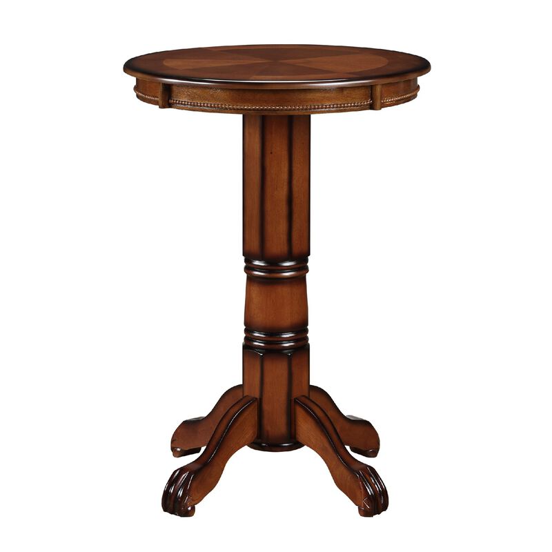 Ava 42 Inch Wood Pub Bar Table, Sunburst Design, Carved Pedestal, Brown