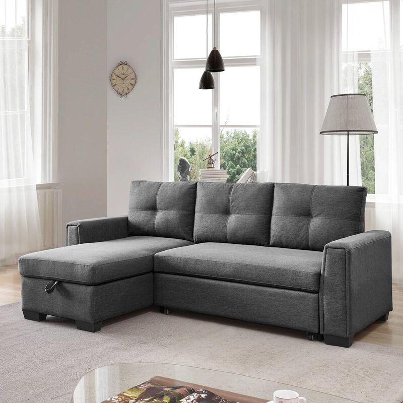 OS Home and Office Furniture Tufted Sectional Chaise Sofa Sleeper with Storage in Dark Grey