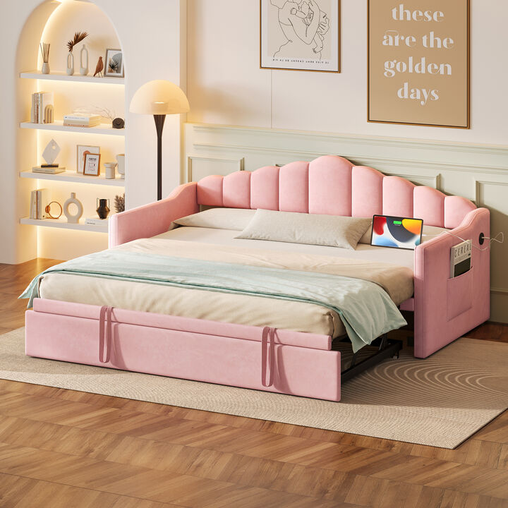 Merax Velvet Upholstered Twin Daybed with Height Adjustable Pop-Up Trundle