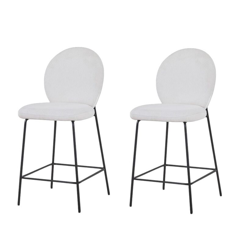 HomeRoots Set of Two 26" Cream and Black Corduroy and Metal Counter Height Bar Chairs