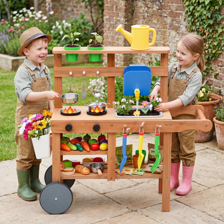 Kids Mud Kitchen Set with Sink Water Tank and 15 Accessories
