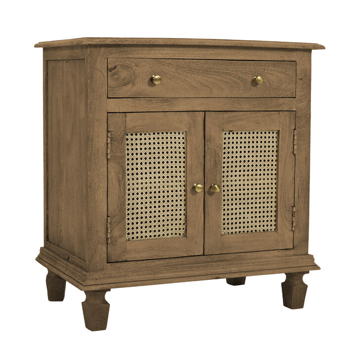 30 Inch Nightstand Table, Rattan Cabinet Doors and Drawer Fronts, Sandblasted Brown Mango Wood