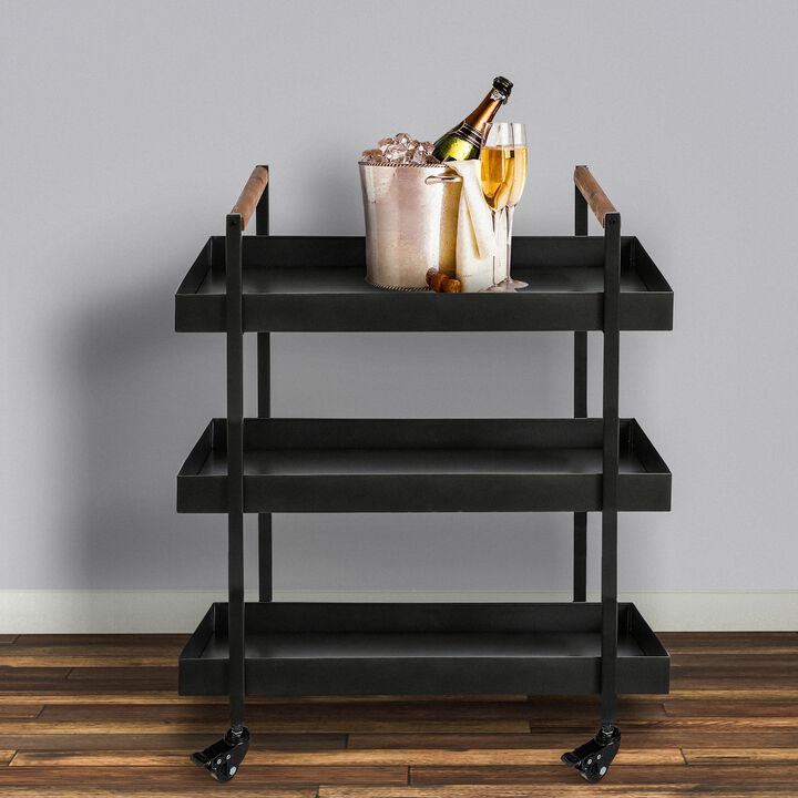 3 Tier Bar Cart with Tray Shelves, Metal Frame, and Raised Edges, Black-Benzara