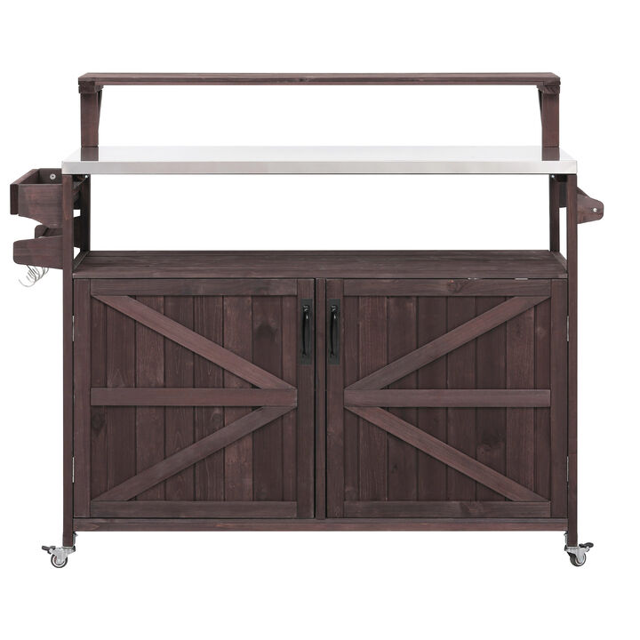 Whisen Outdoor Kitchen Island with Raised Shelf, Stainless Steel Top, Solid Wood Cabinet, Rolling Grill Cart