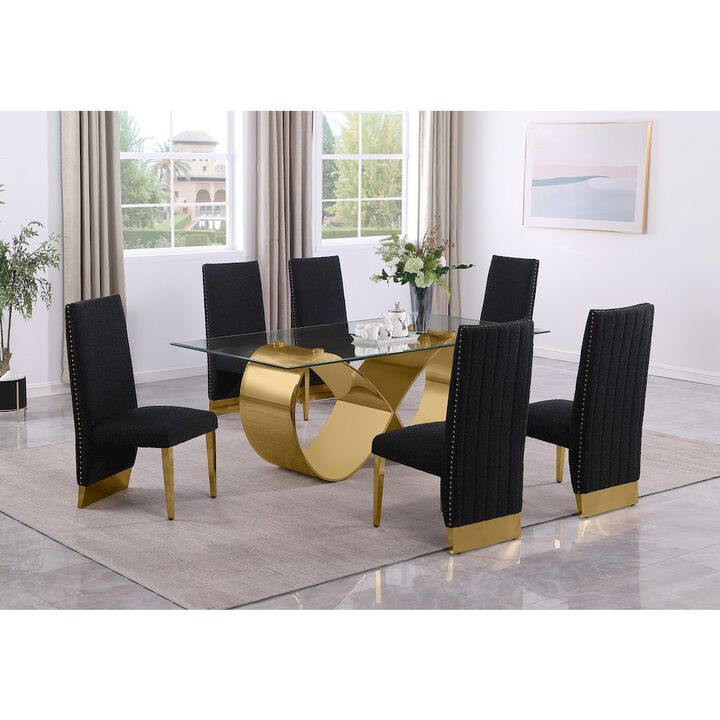 Best Quality Furniture 7Pc Tempered Glass Dining Set With 6 Black Boucle Side Chairs And A Gold Base