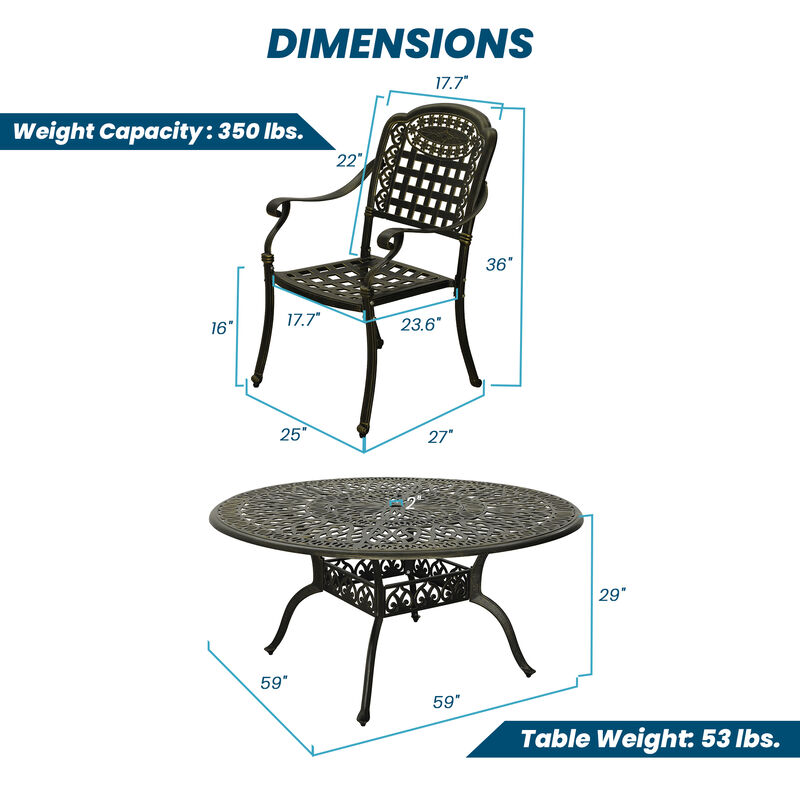 MONDAWE 7-Piece Cast Aluminium Patio Dining Set Aluminum Round Table with 6 Stationary Chairs
