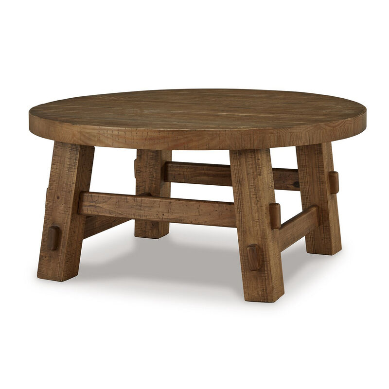 Ack Round Cocktail Coffee Table, Block Legs, 40 Inch Brown Pine Wood