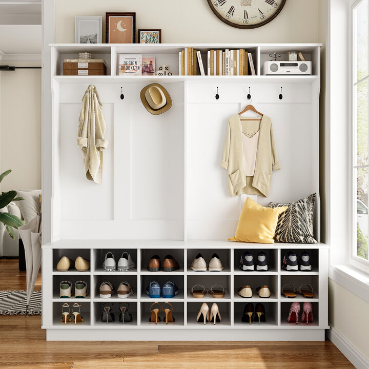 63 in. W White Wood 3-in-1 Hall Tree Coat Rack Shoe Storage Bench with 6-Metal Double Hooks, Shoe Rack and Shelves
