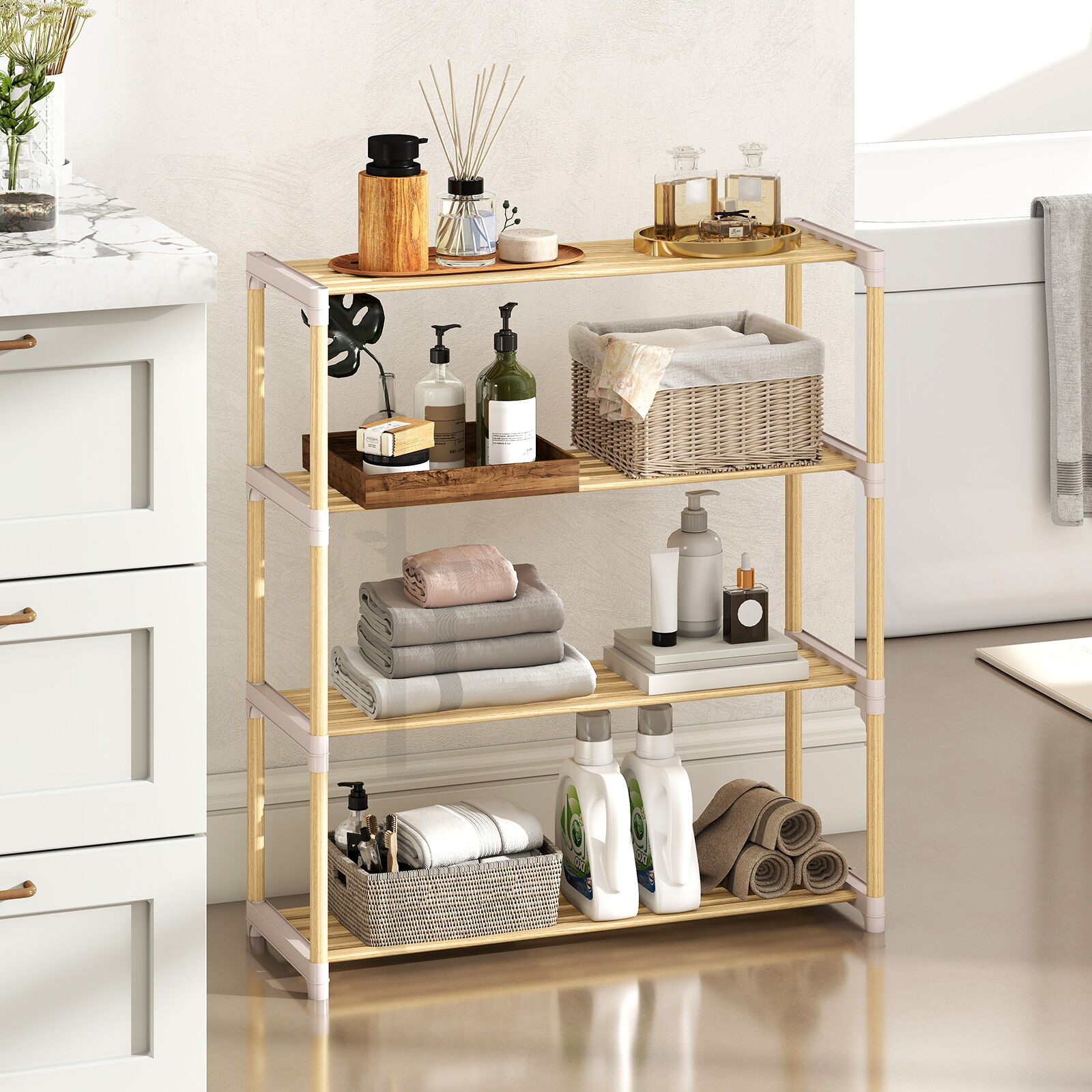 4-Tier Wooden Shoe Storage Rack with Slatted Open Shelves-Natural