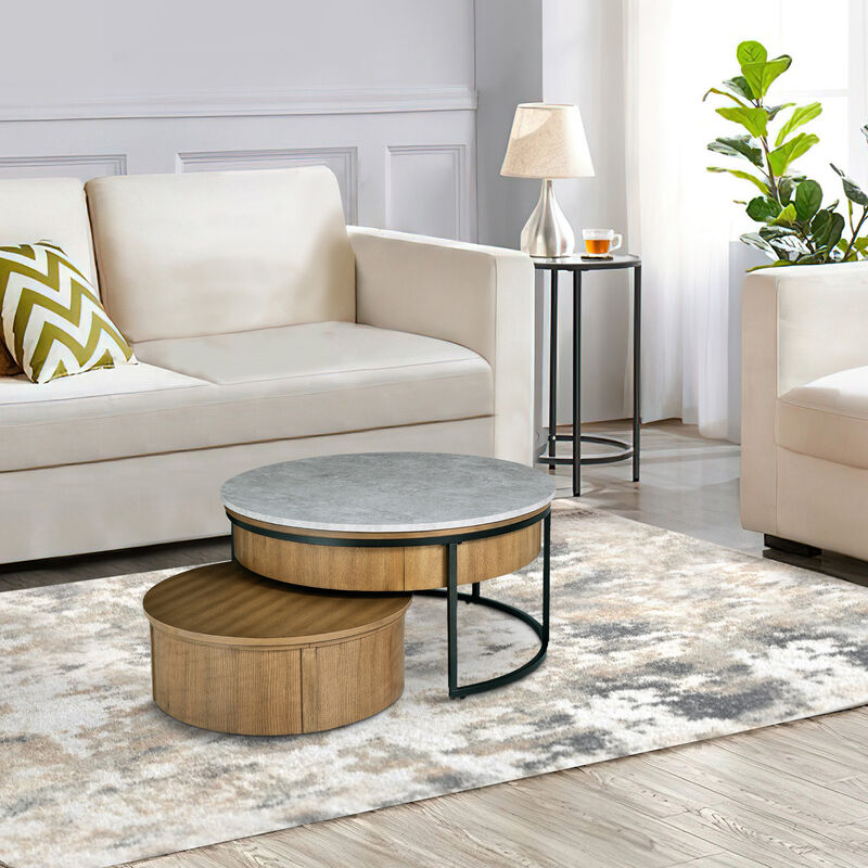 36 Inch 2 Piece Round Nesting Coffee Table, Lift Top Storage, Wheels, Brown