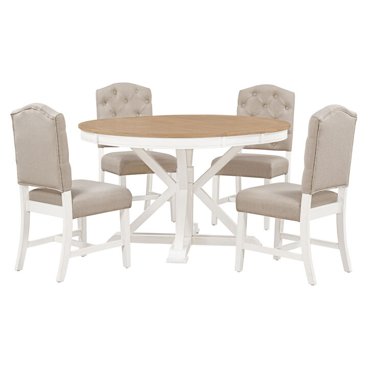Functional Furniture Retro Style Dining Table Set with Extendable Table and 4 Upholstered Chairs for Dining Room and Living Room (Oak Natural Wood + Off White)