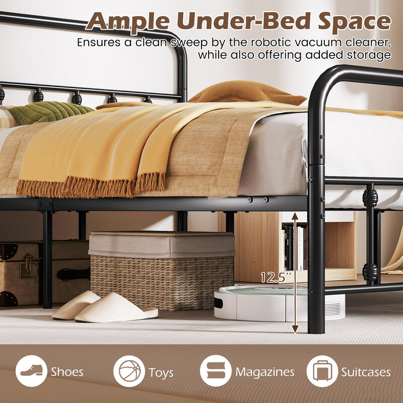 Metal Bed Frame with Storage Space Underneath and Attached Headboard