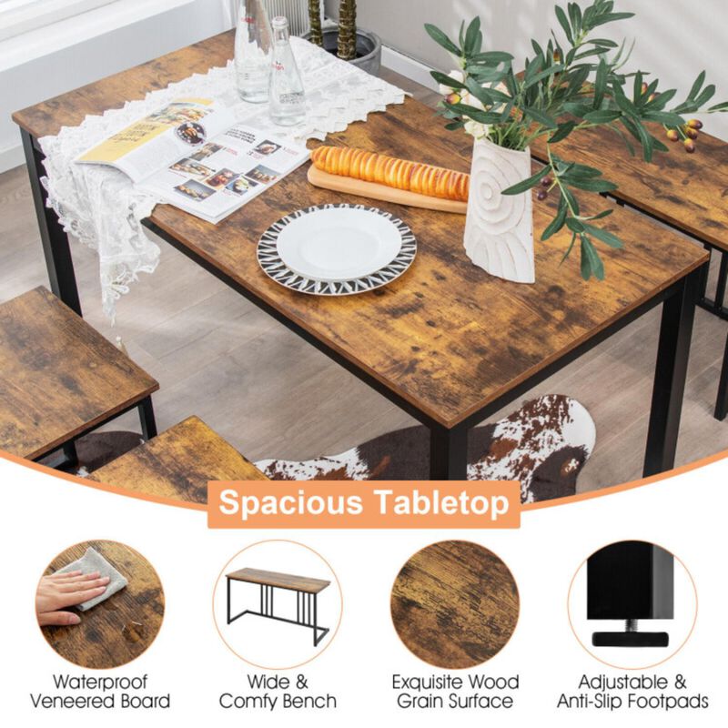 Hivvago 4 Pieces Industrial Dining Table Set with Bench and 2 Stools-Brown