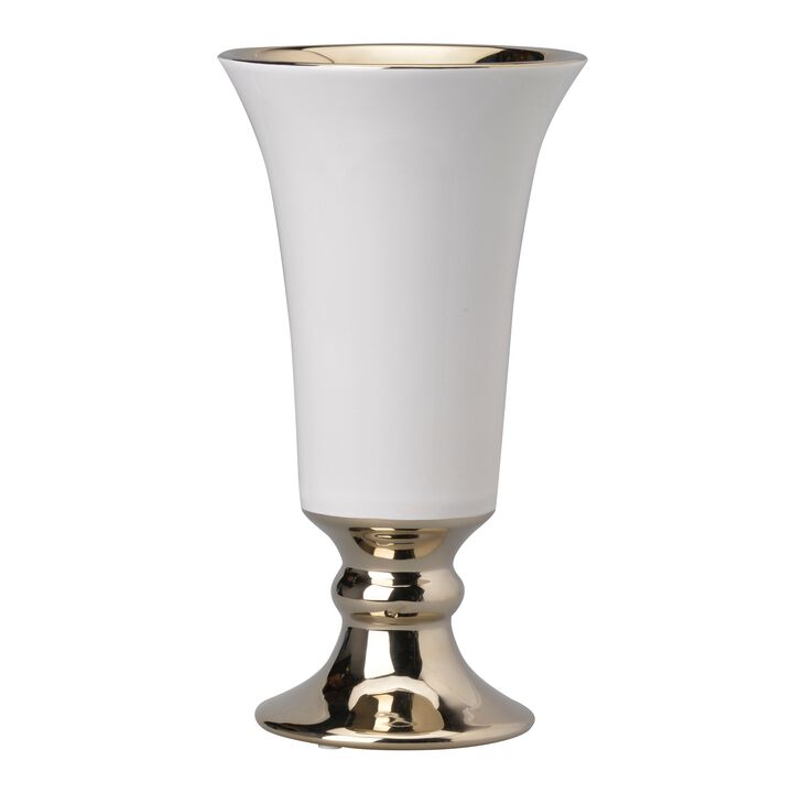 Ceramic Vase with Flared Top and Pedestal Base, Large, White and Gold - Benzara