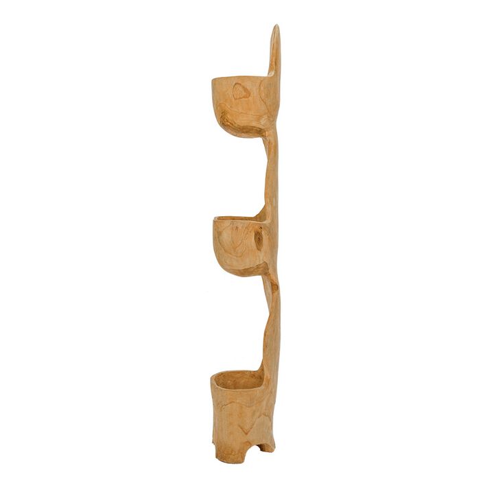 Jion 49 Inch Display Rack, 3 Tiers, Unique Accent Design, Teak Wood, Brown - Benzara