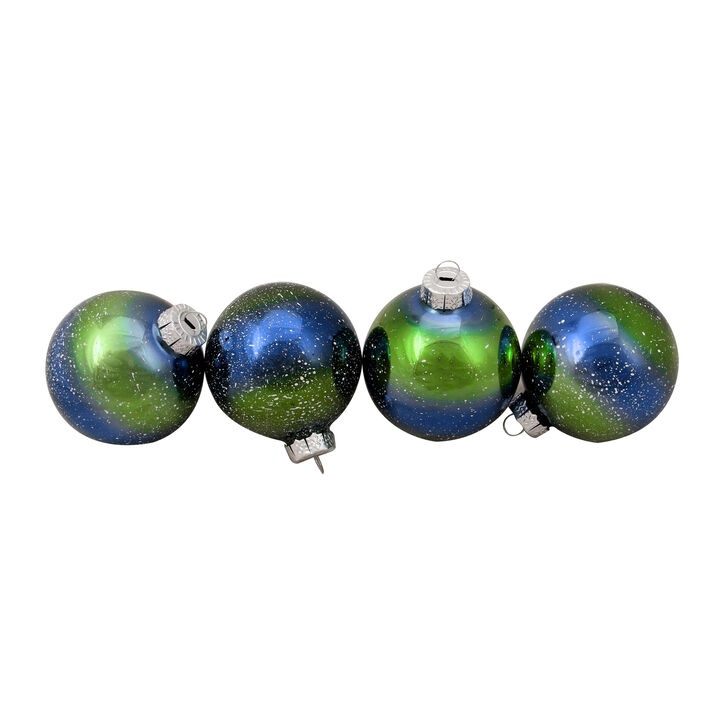 4ct Blue and Green Striped Speckled Christmas Ball Ornaments 3.25" (80mm)