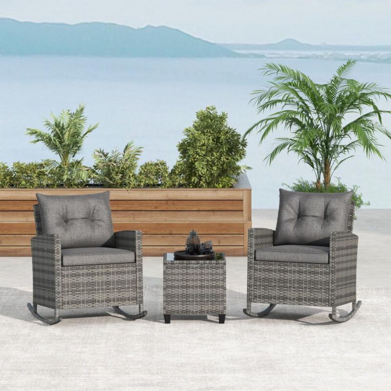 Hivvago 3-Piece Patio Rattan Roker Chairs with Tempered Glass Table and Soft Cushions