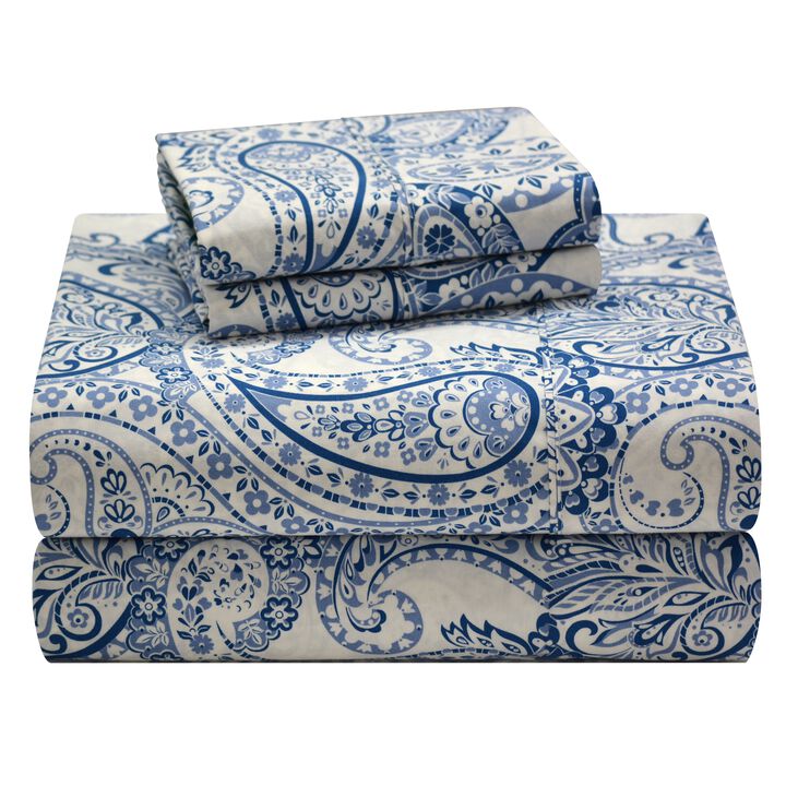 Pointehaven Boho Paisley Combed Cotton Percale Printed 4 pc Sheet Set