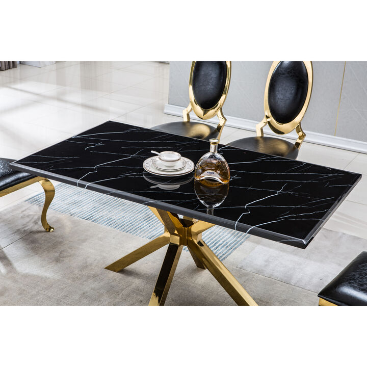 Modern Rectangular Marble Table for Dining Room/Kitchen, 1.02" Thick Marble Top, Gold Finish Stainless Steel Base, Size:63" Lx35" Dx30" H(Not Including Chairs)
