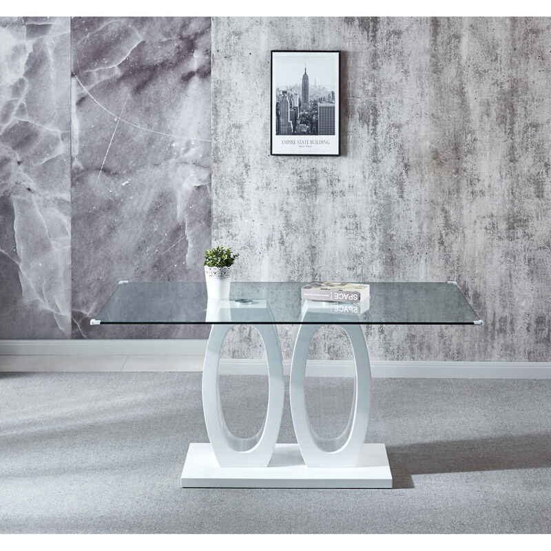 Modern Design Wood Dining Table with White Finish, Clear Glass Top