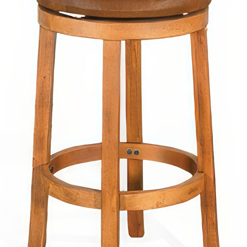Marv Swivel Barstool Set of 2, Brown Faux Leather, Mahogany Wood - Benzara