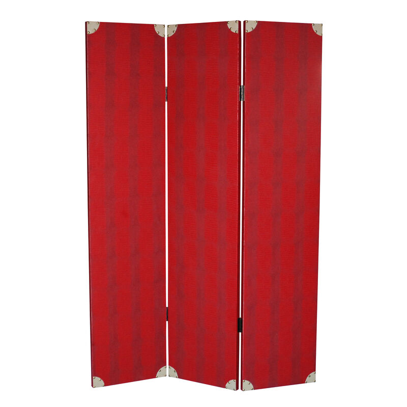 Transitional 3 Panel Wooden Screen with Nailhead Trim, Red - Benzara
