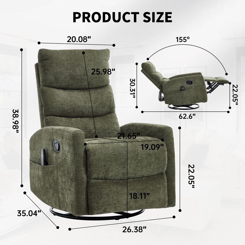 Chenille Manual Recliner Chair Swivel Rocker Recliner with Heat & Massage image number 2