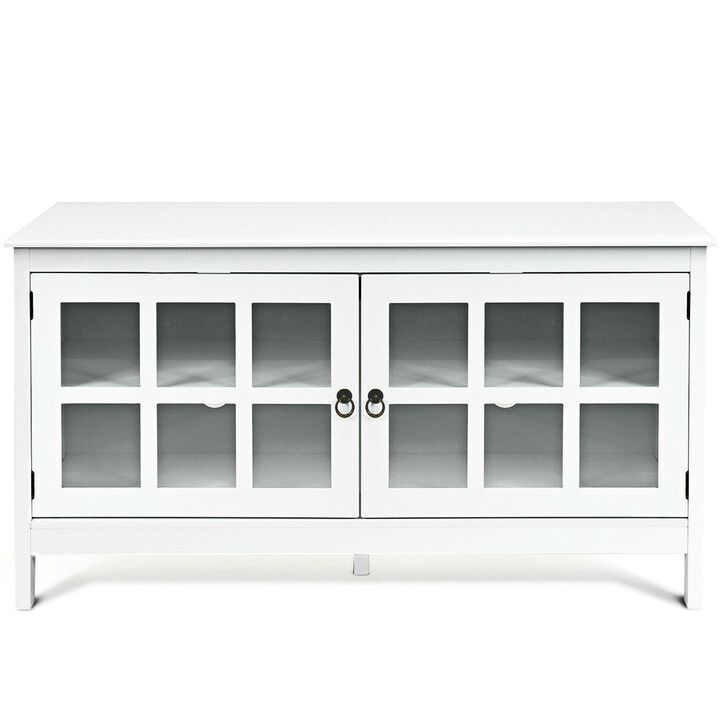 Hivvago White Wood Entertainment Center TV Stand with Glass Panel Doors