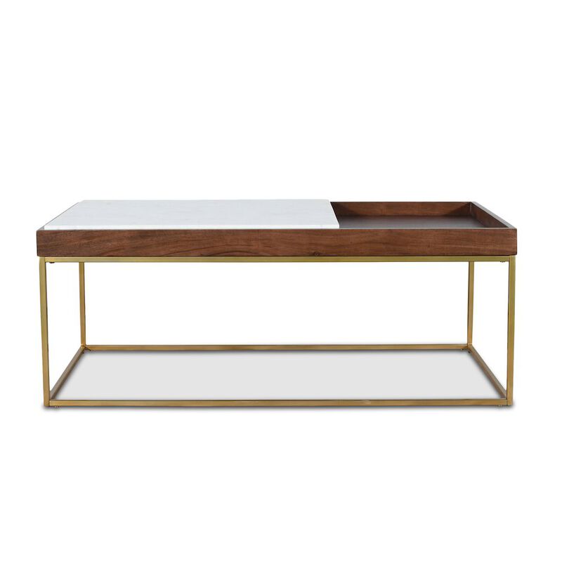 World Interiors Aurora 45" Coffee Table in White Marble and Mango Wood with Walnut Finish image number 3