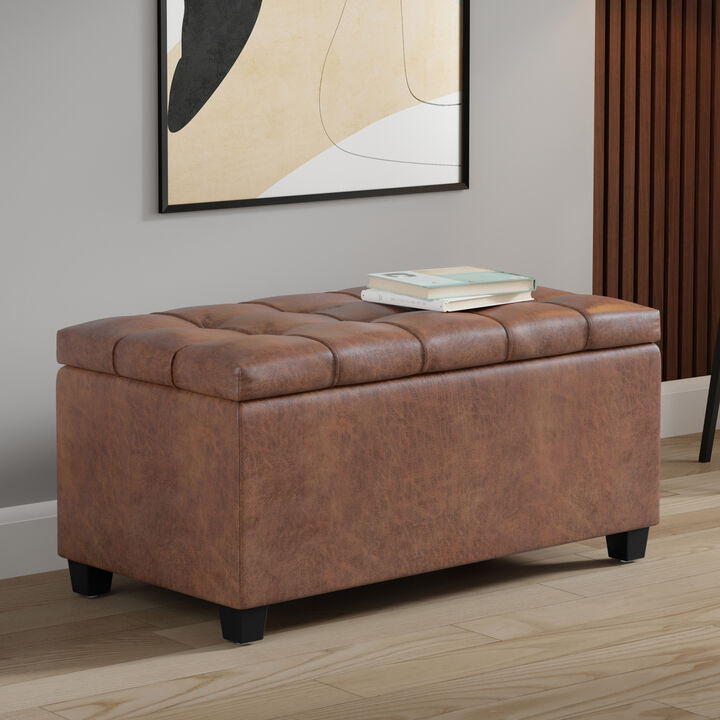 Sienna 33 inch Wide Transitional Rectangle Storage Ottoman Bench in Distressed Saddle Brown Vegan Faux Leather, Assembled