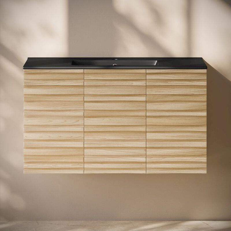 Cascade 36" Wall-Mounted Bathroom Vanity in Natural Oak with Black Sink Top image number 4