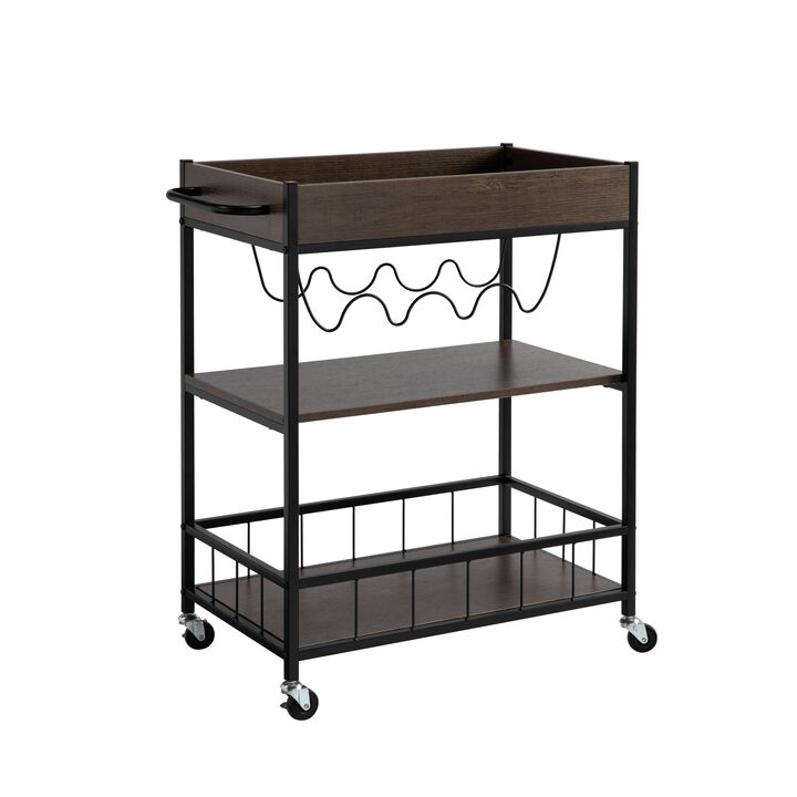 Walnut Oak & Black Metal Bottle Rack Kitchen Cart with 3 Shelves and Locking Sturdy Rubber Wheels